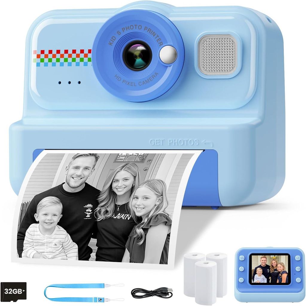 Kinder Sofortbildkamera 1080P mit 32GB Speicherkarte, 3 Rollen Thermopapier, HD Foto & Video, Multifunktionale Digitalkamera für Kinder 3–12 Kids