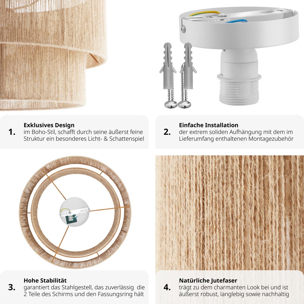 Deckenleuchte Lignea Lux aus Jute im Boho-Stil, 40W - braun