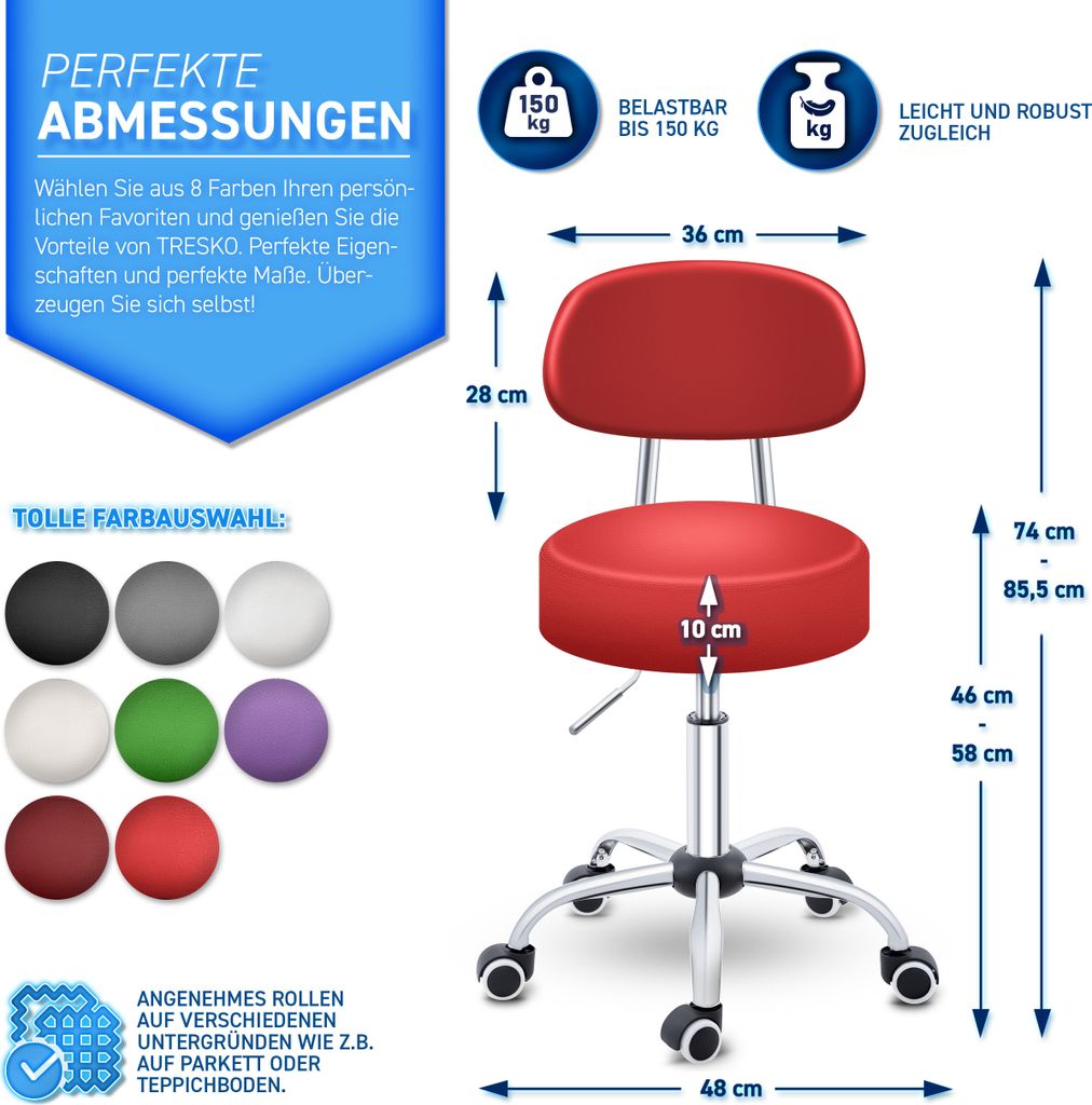 TRESKO Roller Stool Červená s opierkou Pracovná stolička Obrázok produktu 7