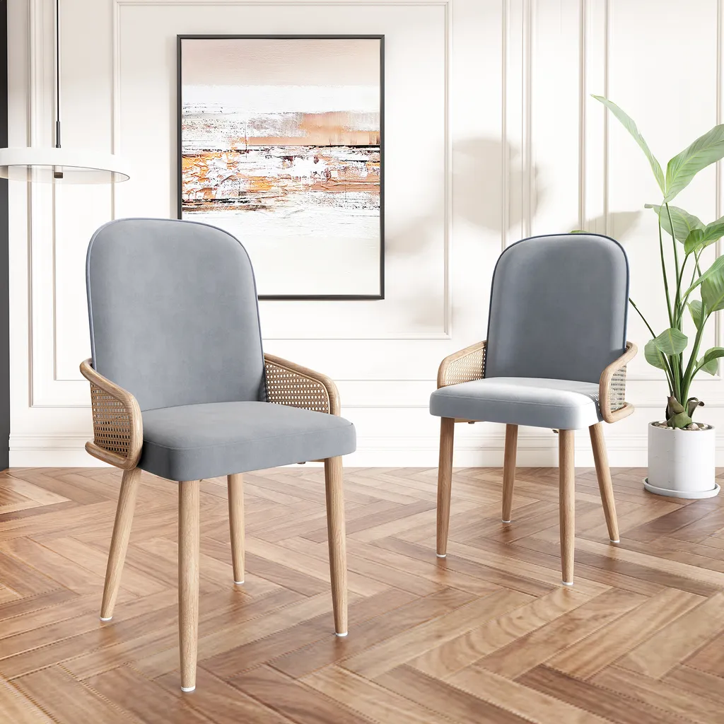 Chaise de Cuisine Design en Velours Gris et Dossier Rotin - Lot de 2
