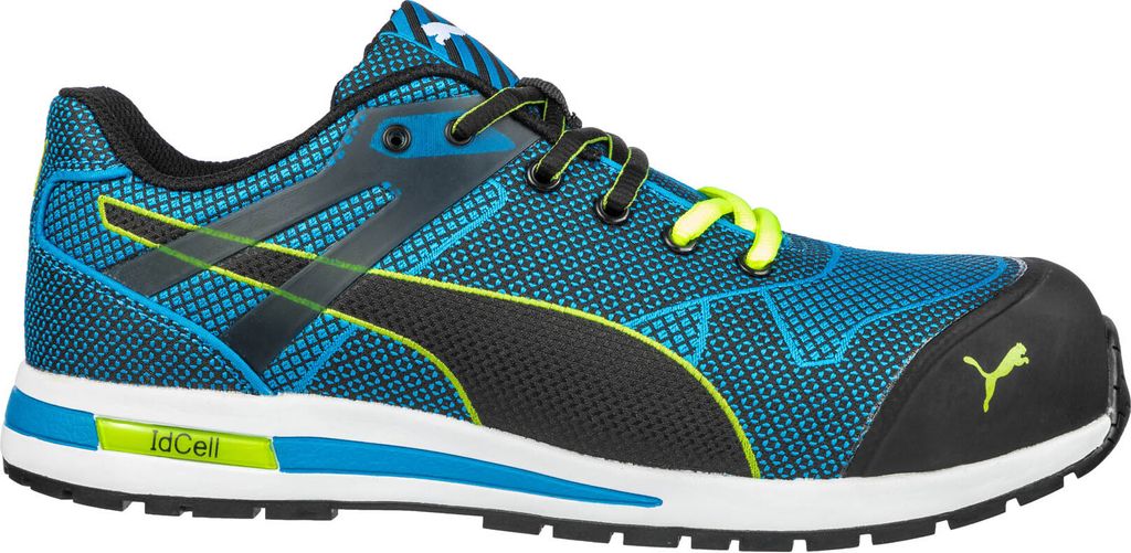A side view of a blue and black Puma safety shoe with yellow accents.