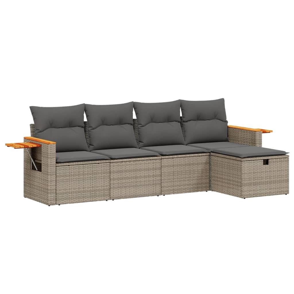 5-tlg. Garten-Sofagarnitur mit Kissen Grau Poly Rattan