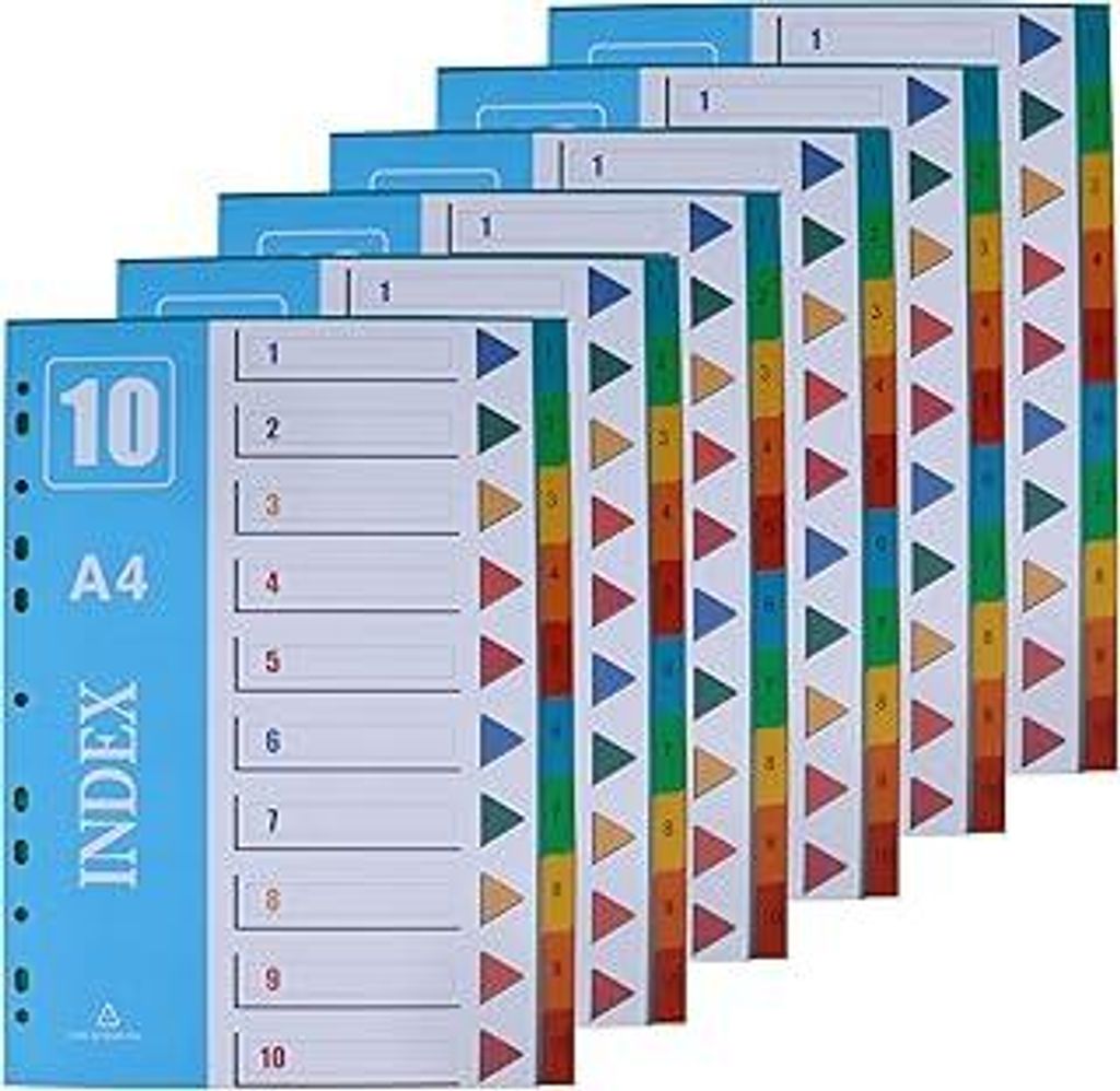 JALVPI 6er 10 Teilig Register Trennblätter für Ordner DIN A4, Kunststoff, 1-10 Registertrenner für Organisation, 225x297mm