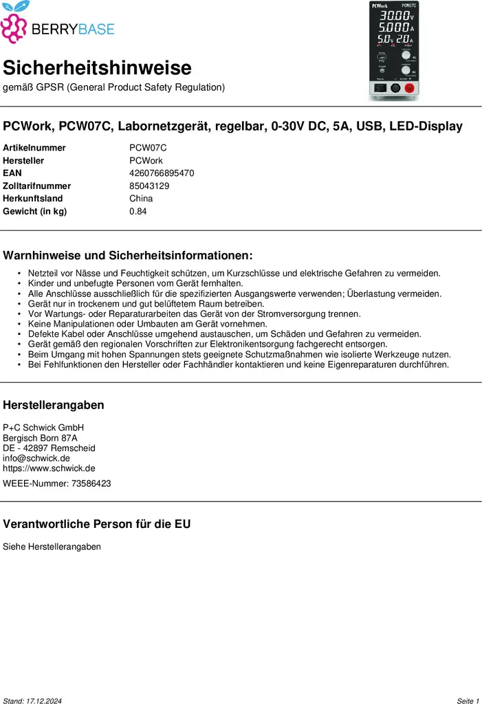 PCWork PCW07C Alimentation de Laboratoire Réglable 0-30V 5A avec USB