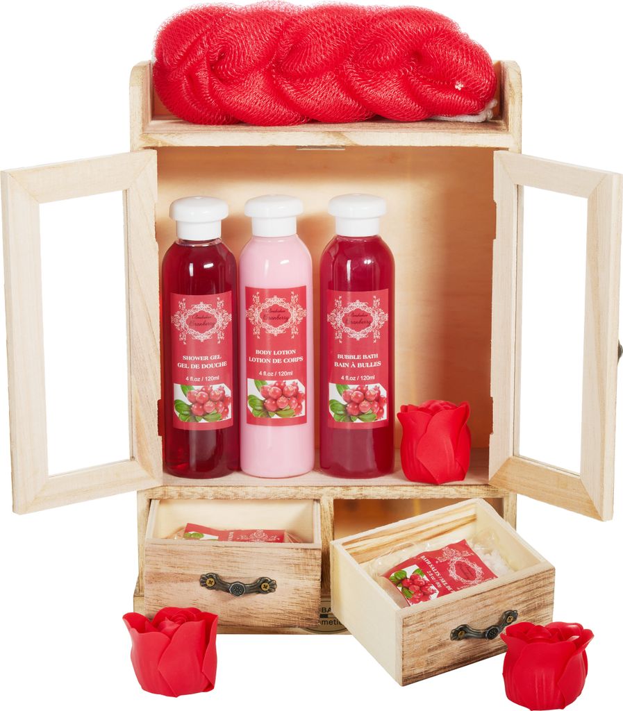 BRUBAKER Cosmetics Bade- und Pflegeset im Holzschrank - Wellness Badeset für Frauen - Damen Geschenkset mit Holz Dekoration, Cranberry Duft