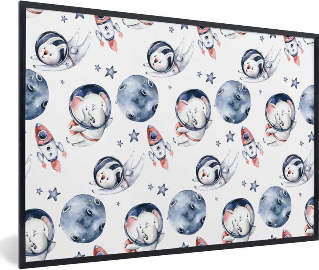 MuchoWow Gerahmtes Poster Elefant - Kaninchen - Rakete - Jungen - Mädchen - Kinder - Kind 60x40 cm - Poster mit Schwarzem Bilderrahmen Wandposte...