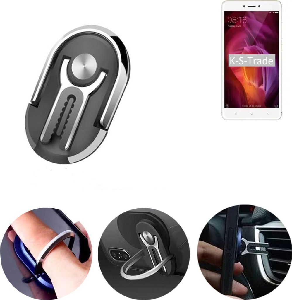 K-S-Trade 3in1 Smartphone-Ring Handy-Ring kompatibel mit Xiaomi Redmi Note 4 Fingerhalterung Handyring Tischständer Lüftungsgitter-Halterung Tisch