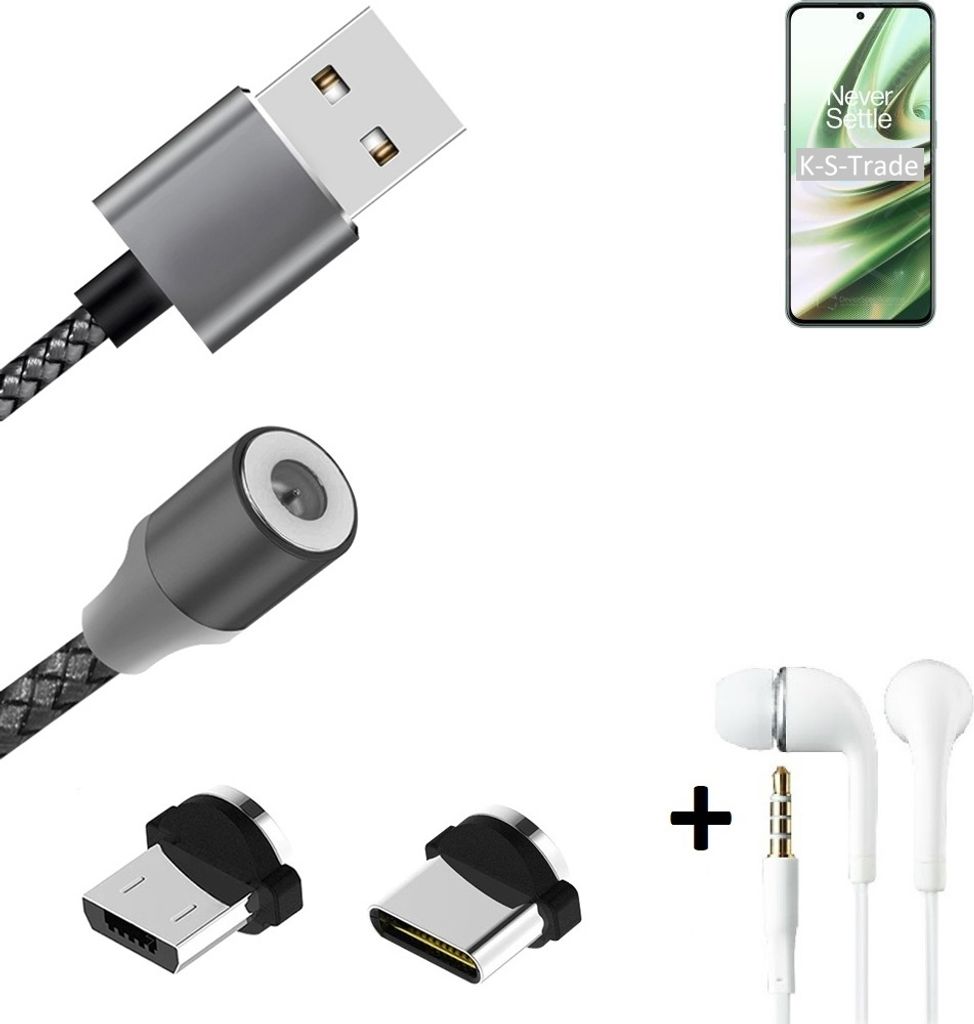 K-S-Trade Hochwertiges Magnet-Lade-kabel Sync-Kabel Daten-Kabel + Kopfhörer kompatibel mit OnePlus 10R 5G mit USB-Typ-C-Anschluss und
