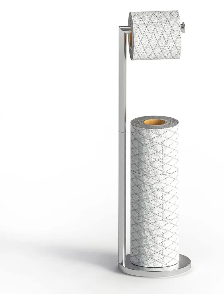 Porte-rouleau de papier toilette sur pied en acier inox argenté pour 4 rouleaux