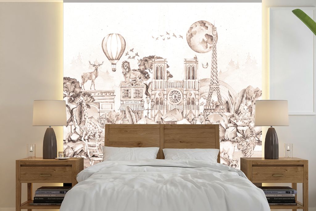 MuchoWow Fototapete für Wohnzimmer oder Schlafzimmer Wandtapete Vinyl Motivtapete Kinder - Paris - Panda - Tiere - Heißluftballon - 300x300 cm ...