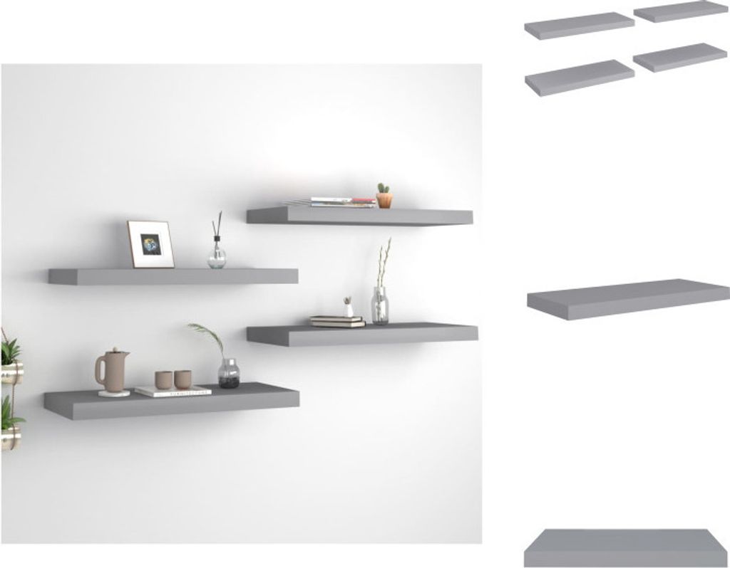 Four gray floating shelves are mounted on a white wall, with some decorative items on them. To the right, there are separate images of individual shelves.