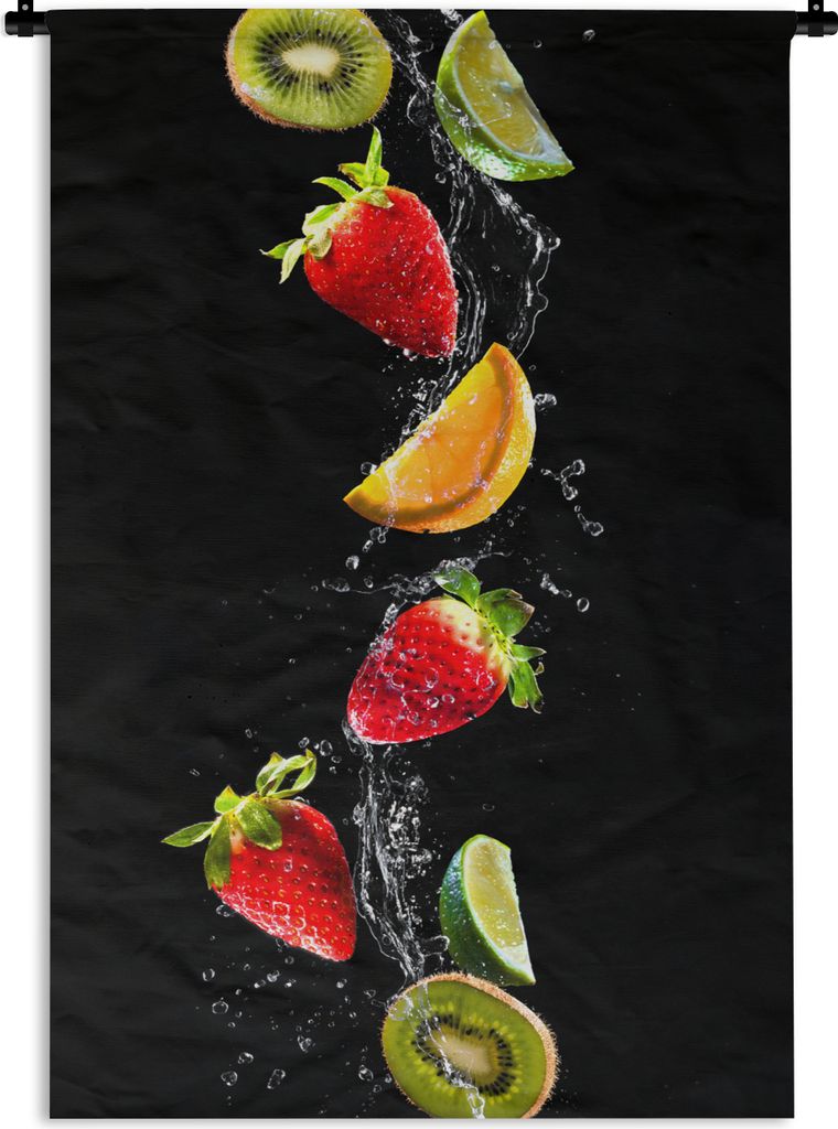 MuchoWow Wandteppich Wandbehang Obst - Wasser - Schwarz - Stillleben Erdbeere - Kiwi 60x90 cm Tapisserie Dekoration Wandtuch - Foto-Teppich - Abw...