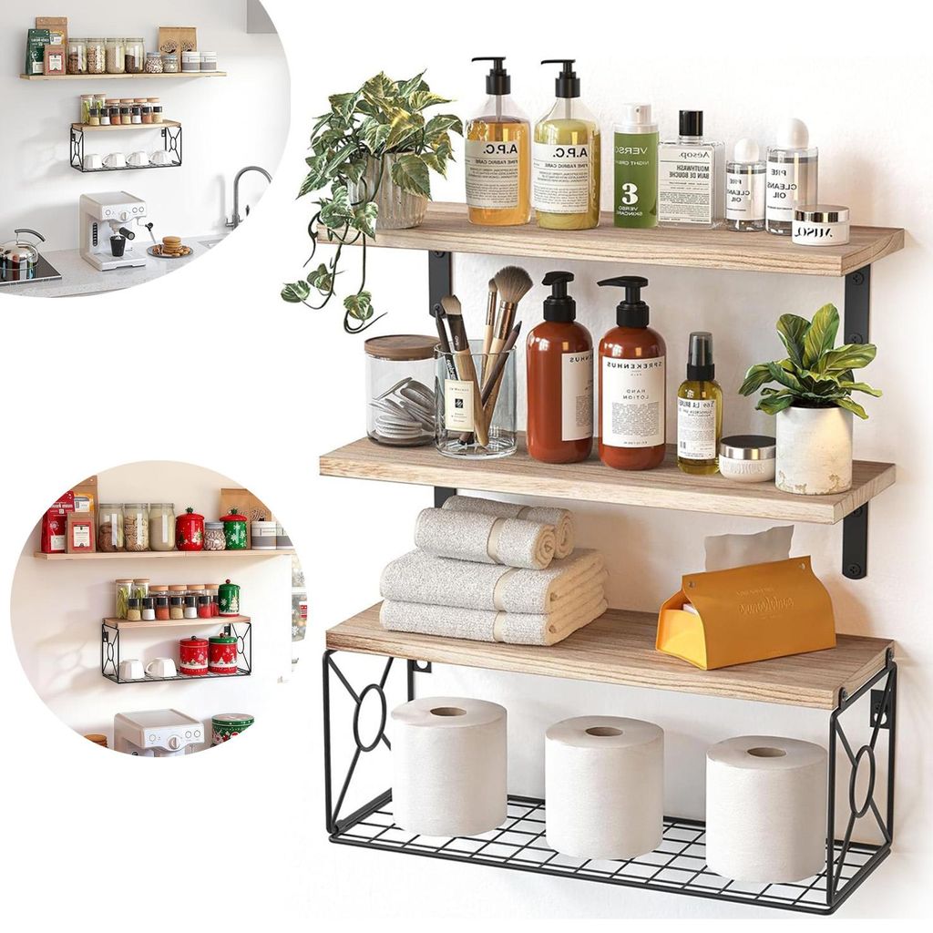 Wandregal mit Drahtkörbe, Set aus 3 Massiven Regal Wand Produktbild 