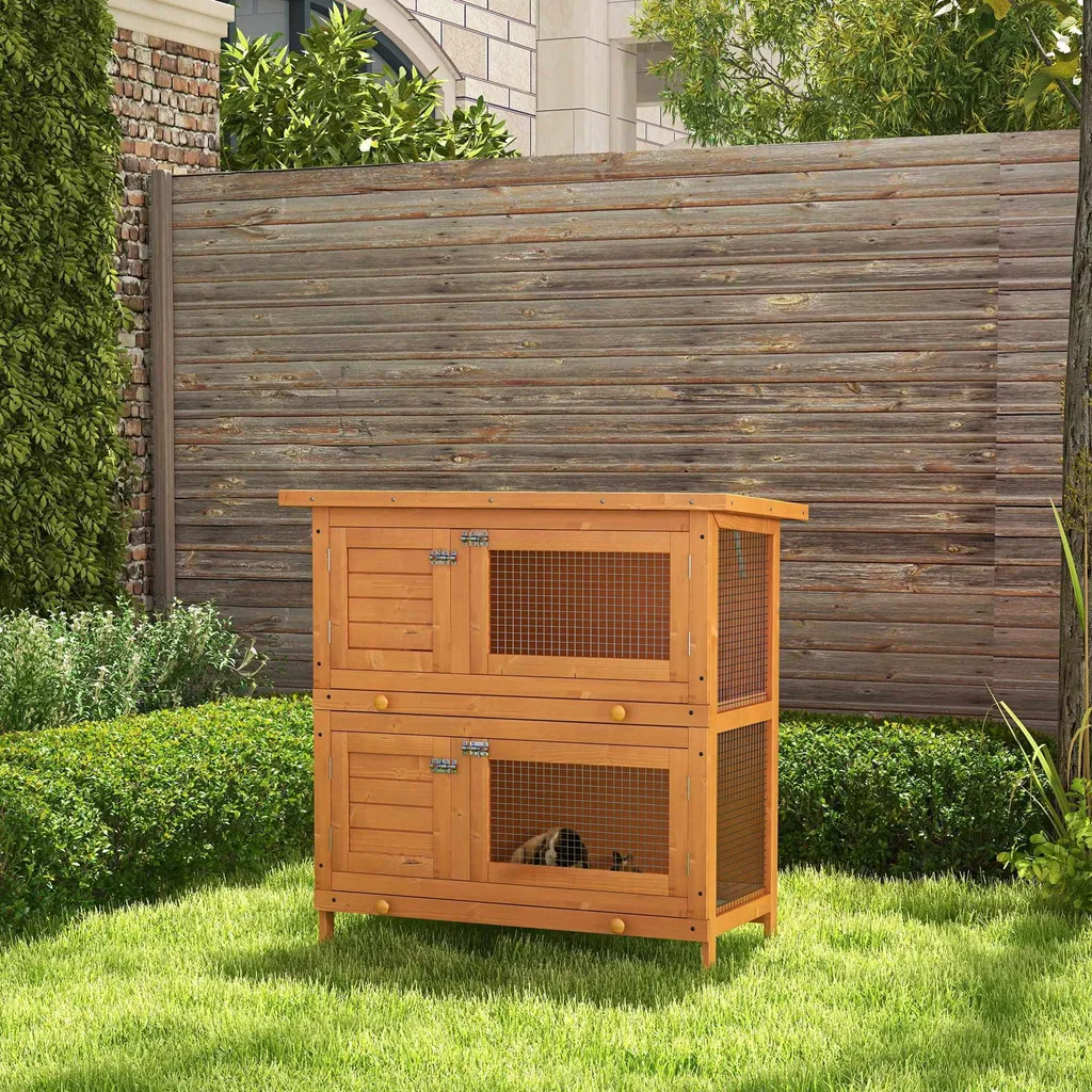 Clapier à lapins à deux niveaux en bois de sapin résistant 120x50x100cm - 2