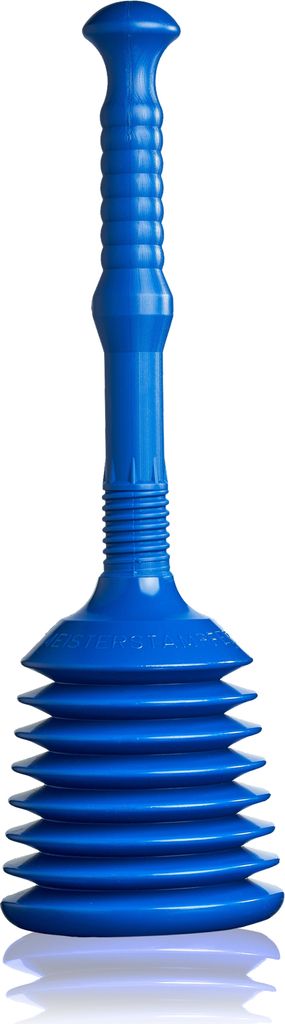 A blue plunger with a ribbed handle and a bellows-like suction cup is shown against a white background.