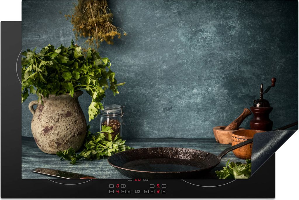 KitchenYeah Herdabdeckplatte Kräuter - Gewürze - Pfanne - Messer - Grau - Rustikal , 80x52cm, Küche Deko, Glaskeramikkochfeld Herdabdeckung, A...