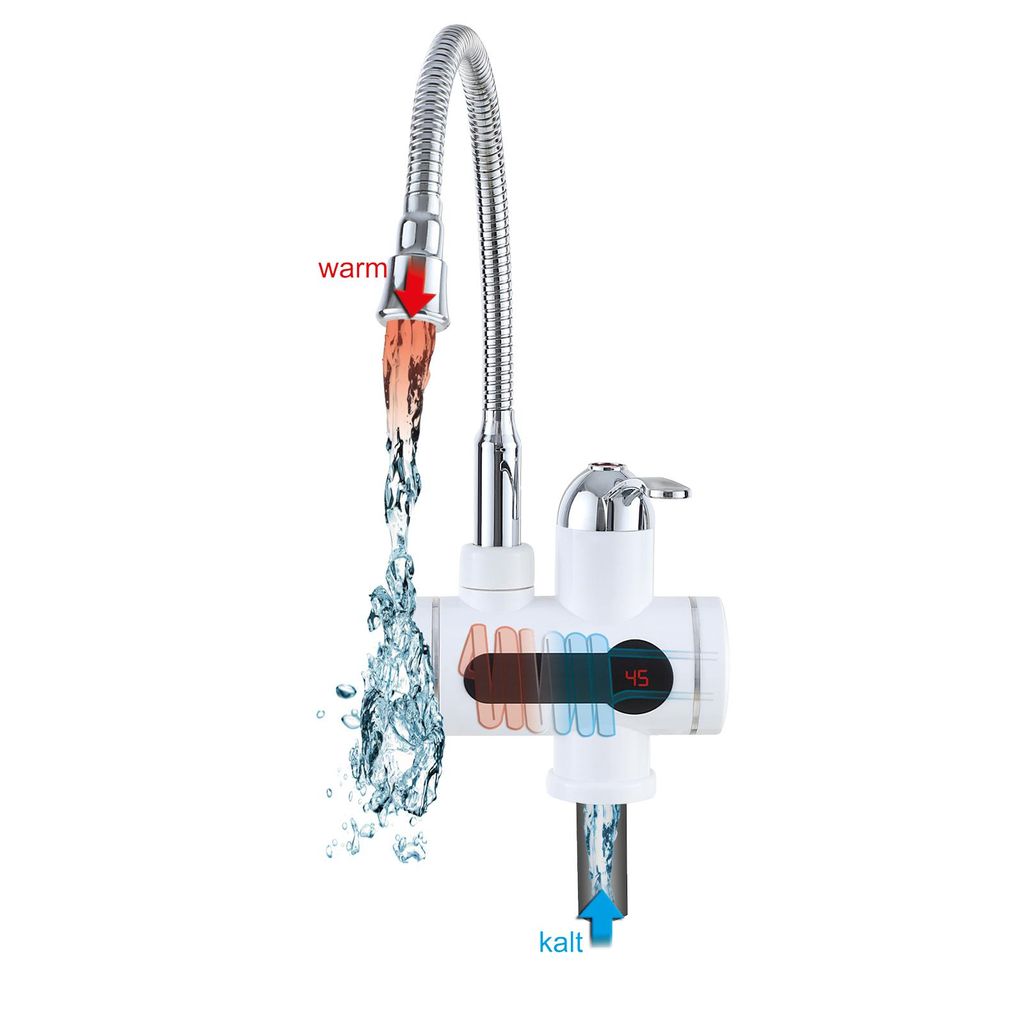 Mauk digitaler Wasserhahn mit integriertem Durchlauferhitzer, flexiblem Hals und Temperaturanzeige 3KW weiß