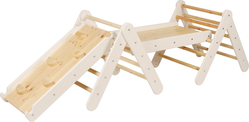 MEOWBABY Klettergerüst für Kinder - Indoor Set zwei Kletterdreiecke mit zwei Rutschen/Kletterwänden, Montessori Spielgeräte Pikler aus Holz, Weiß