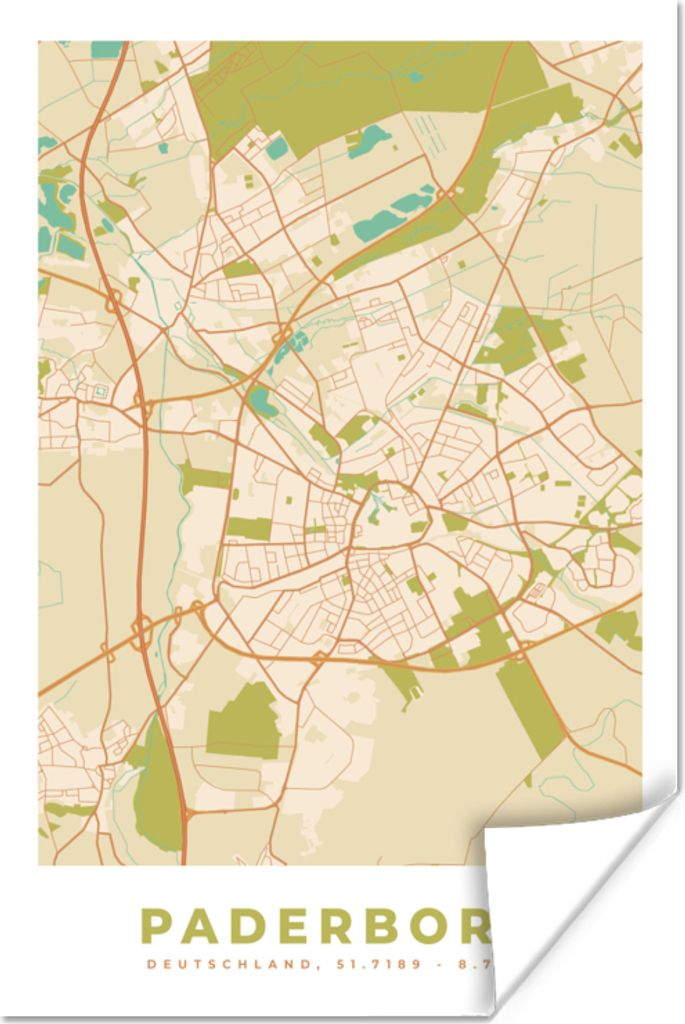 MuchoWow Poster Jahrgang - Paderborn - Karte - Stadtplan 60x90 cm - Wanddekoration