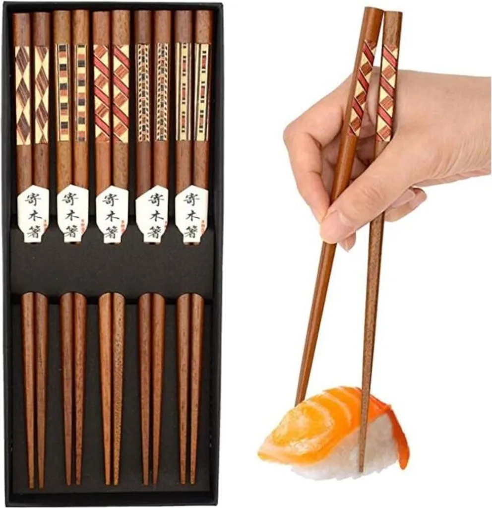 Set 5 Bacchette Giapponesi in Legno Decorate a Mano con Scatola Luxury