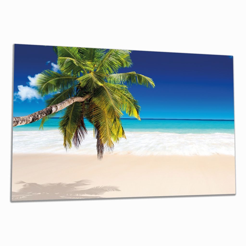 Wallario Herdabdeckplatte aus Glas, Größe 80 x 52 cm 1-teilig, Motiv Südseestrand in der Karibik mit Palme