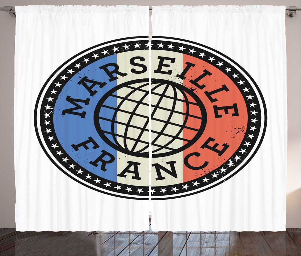 ABAKUHAUS Frankreich Rustikaler Gardine, Stempel mit Marseille, Wohnzimmer Universalband Gardinen mit Schlaufen und Haken, 280 x 225 cm, Weiß und ...
