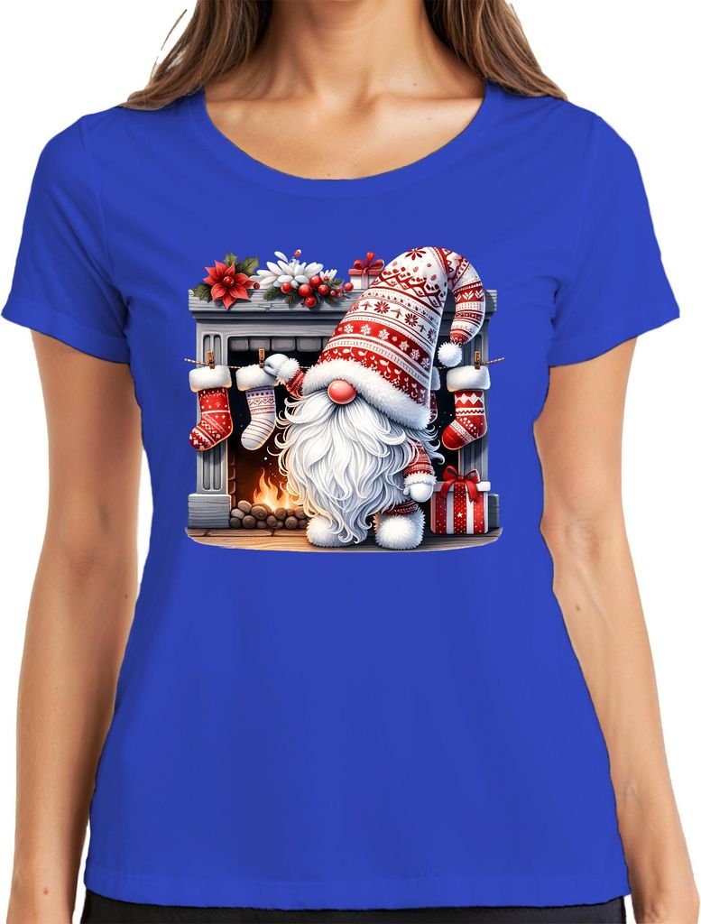 Niedlicher Weihnachtsmann Kamin Weihnachtsstrümpfe Geschenk Deko Damen T-Shirt, Blau, S