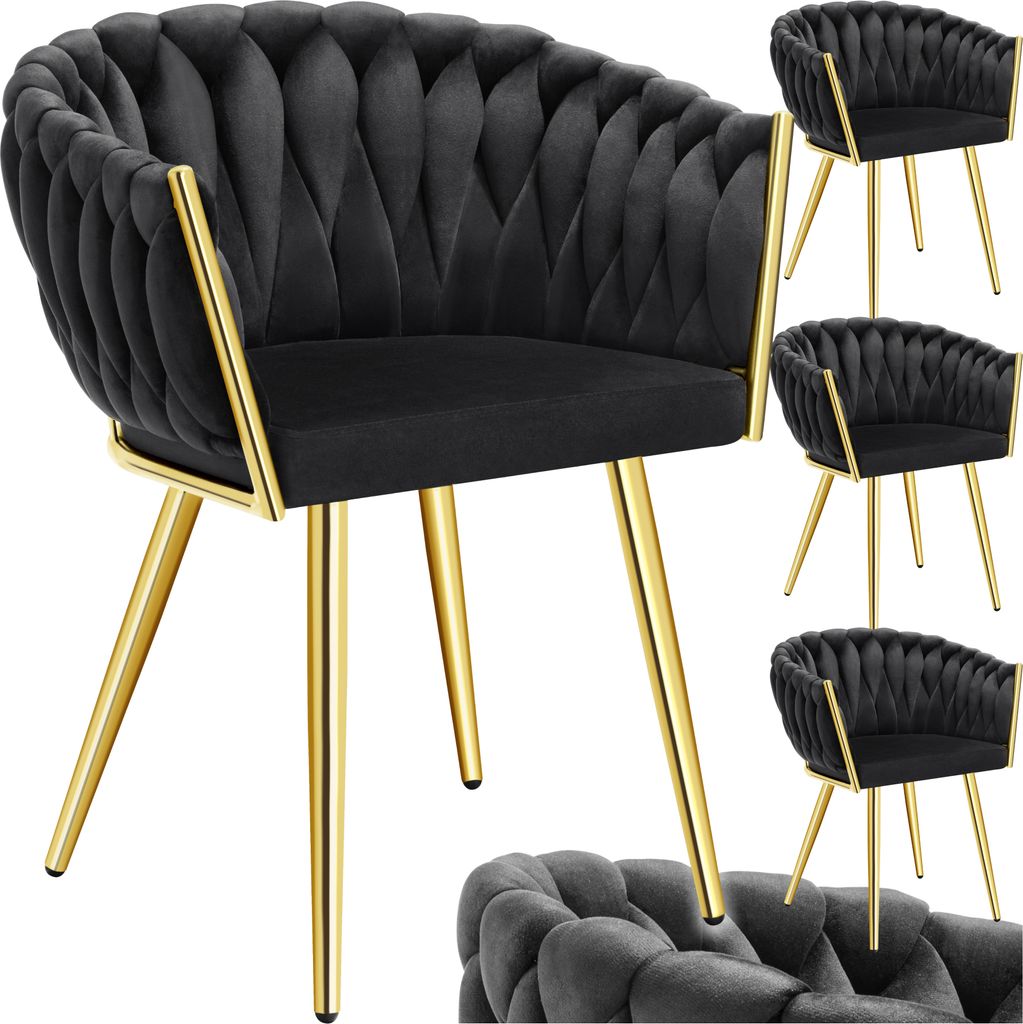 A collage of black velvet accent chairs with gold legs, showcasing different angles and a close-up of the tufted design.