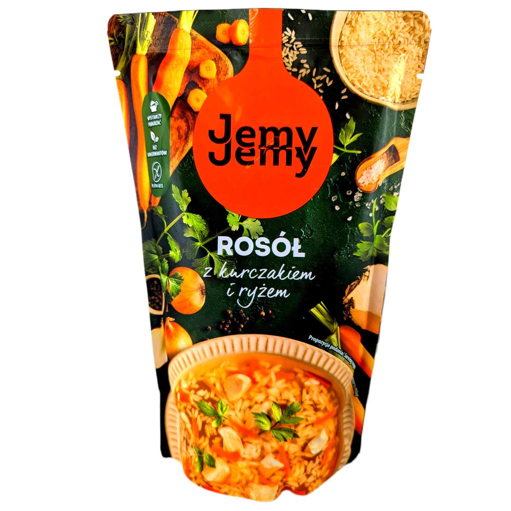 A pouch of soup with ingredients depicted around it.