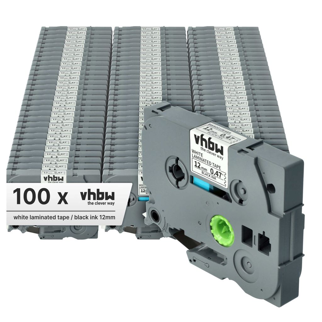vhbw 100x Schriftband-Kassette kompatibel mit Brother PT D600, D600VP, D450VP, E100B, E105, E100, E100VP Etiketten-Drucker 8m x 12mm Schwarz auf Weiß