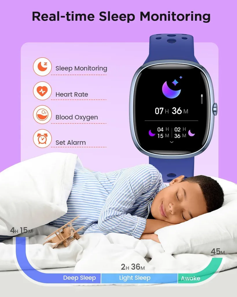 Smartwatch per bambini per ragazzi e ragazze, orologio impermeabile IP68 per attività di fitness per bambini, 20 modalità sportive, pedometro, cardiofrequenzimetro, sveglia, - 5