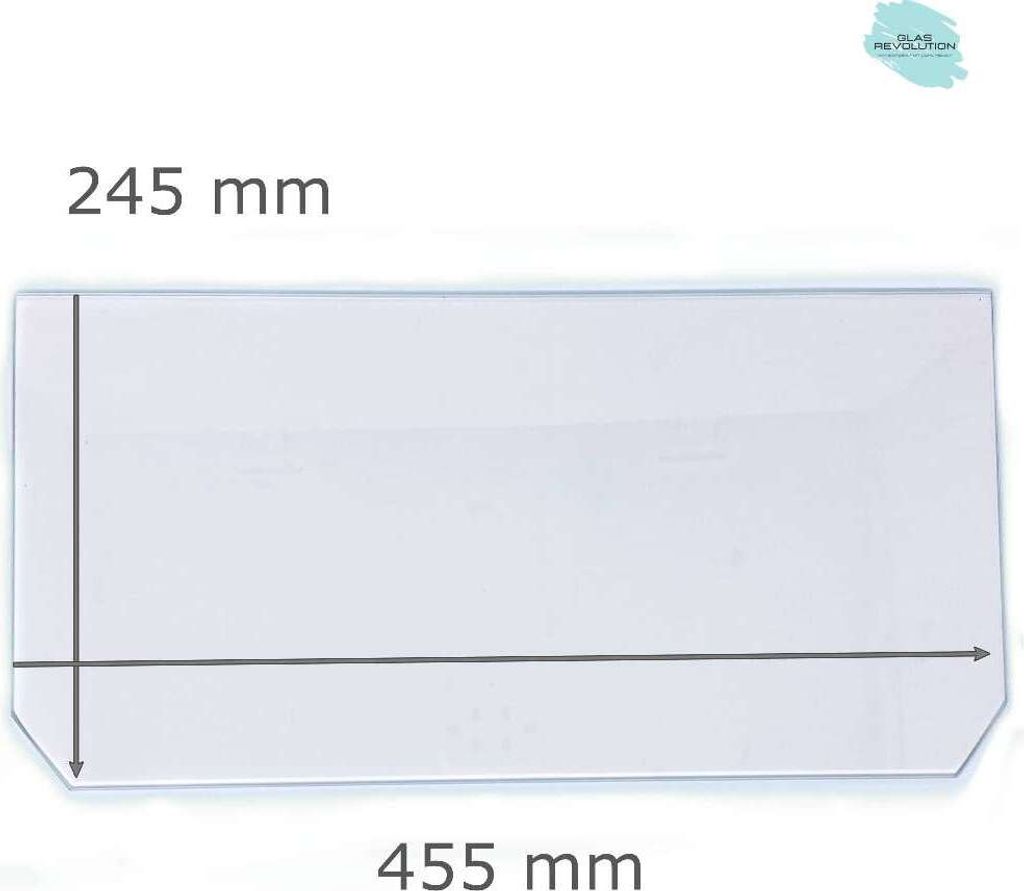 Kühlschrank Einlegeboden - Klarglas 4 mm - 2 abgeschrägte Ecken - 455 mm x 245 mm - (89,96 EUR / qm - Mindestbfl. 0,25 qm - Kantenb. 5,35 EUR / l...