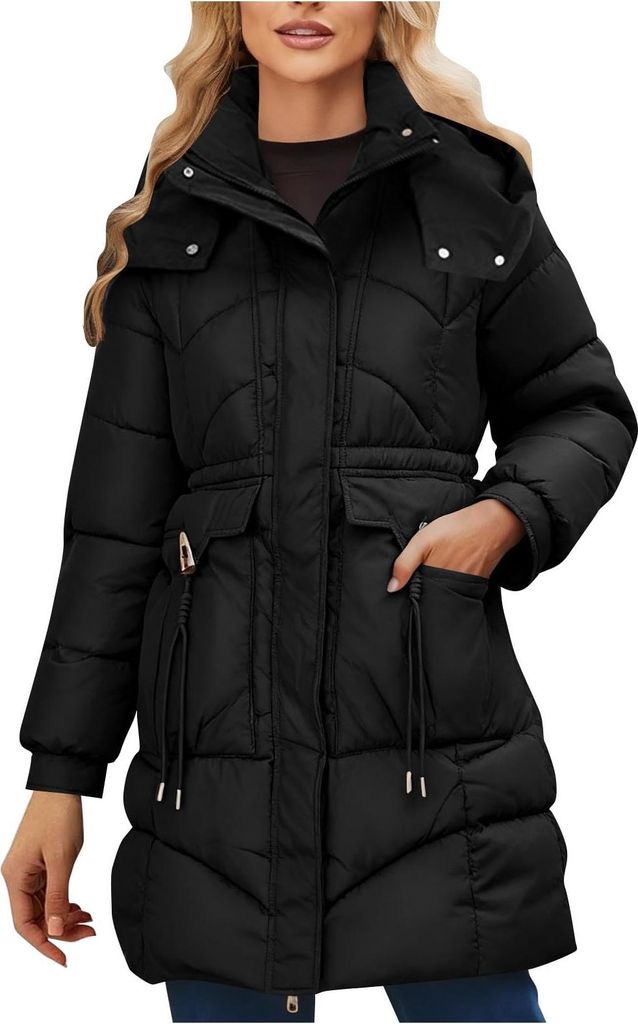 ASKSA Damen Daunenmantel Lang Winterjacke Winter Warm Puffer Jacke Einfarbigr mit Taschen Outdoor Winddicht Mantel Parka (Schwarz,S)