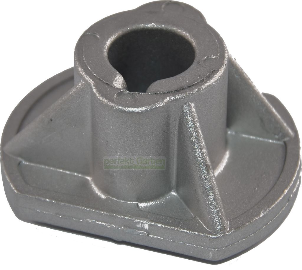 A close-up studio shot of a metal lawnmower blade holder.