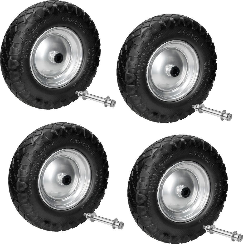 ECD Germany 4er Set Schubkarrenrad mit Blockprofil aus pannensicherem PolyurethanVollgummi, Ersatzrad Gummirad mit Achse, 4.80/4.00-8, Durchmesser ...