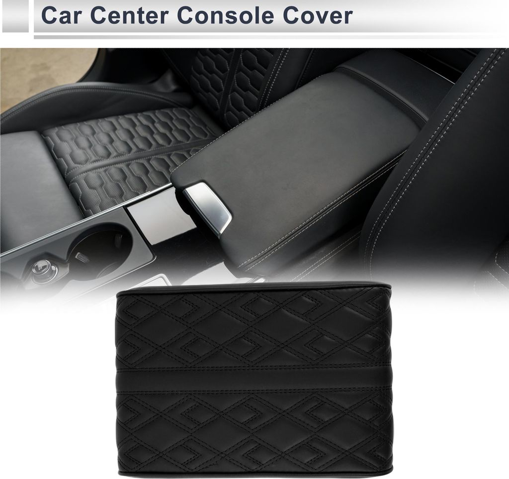 Auto Mittelkonsole Abdeckung Auto Armlehnenabdeckung 12,2"x7,87"x1,97" Schwarz Nappa Leder, Memory Foam Diamantmuster