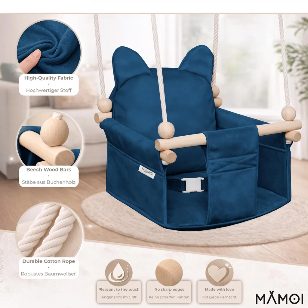 MAMOI Altalena per bambini con cintura di sicurezza, altezza regolabile 150–190 cm, altalena per la casa, struttura stabile, seduta in velluto - 4