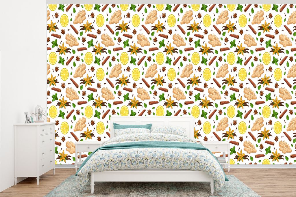 MuchoWow Fototapete für Wohnzimmer oder Schlafzimmer Wandtapete Vinyl Motivtapete Ingwer - Zimt - Zitrone - Anis - 405x260 cm - Die Küche