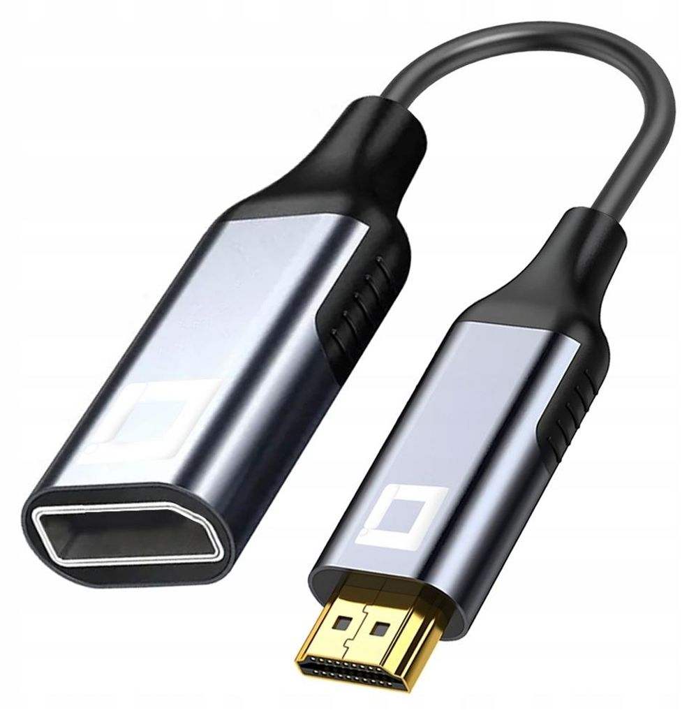 A product shot of an HDMI to DisplayPort adapter cable against a white background.