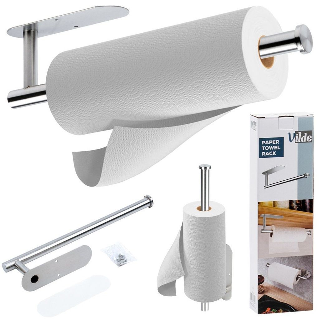 A collage of images showing a stainless steel paper towel holder in various configurations, along with its packaging.