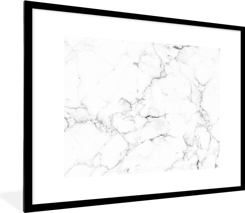 MuchoWow Gerahmtes Poster Marmor - Weiß - Grau - Luxus - Marmoroptik - Strukturiert 80x60 cm - Poster mit Schwarzem Bilderrahmen Wandposter Rahm...