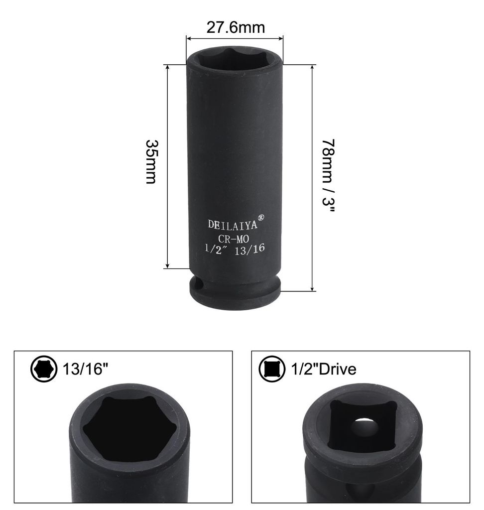 13/16 Zoll SAE Tiefe Schlagbuchse 1/2 Zoll Antrieb 6-Punkt-Design CR-MO Stahlmutter Schlagfestes Steckschlš¹ssel fš¹r die Auto-Reparatur