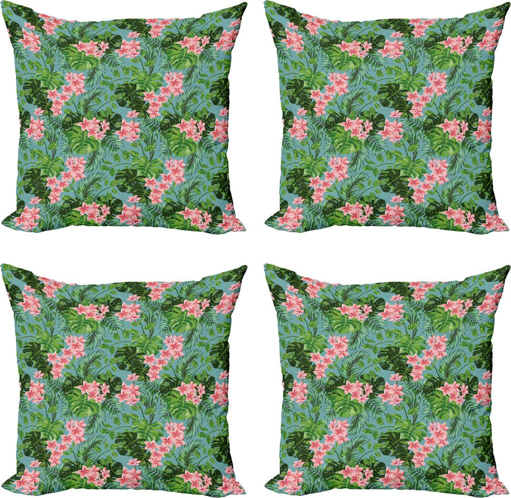 ABAKUHAUS Luau Kissenbezug Set (4 Stück), Exotische Pastell Plumeria Muster, Moderner Doppelseitiger Digitaldruck, 50 cm x 50 cm, Teal Grün