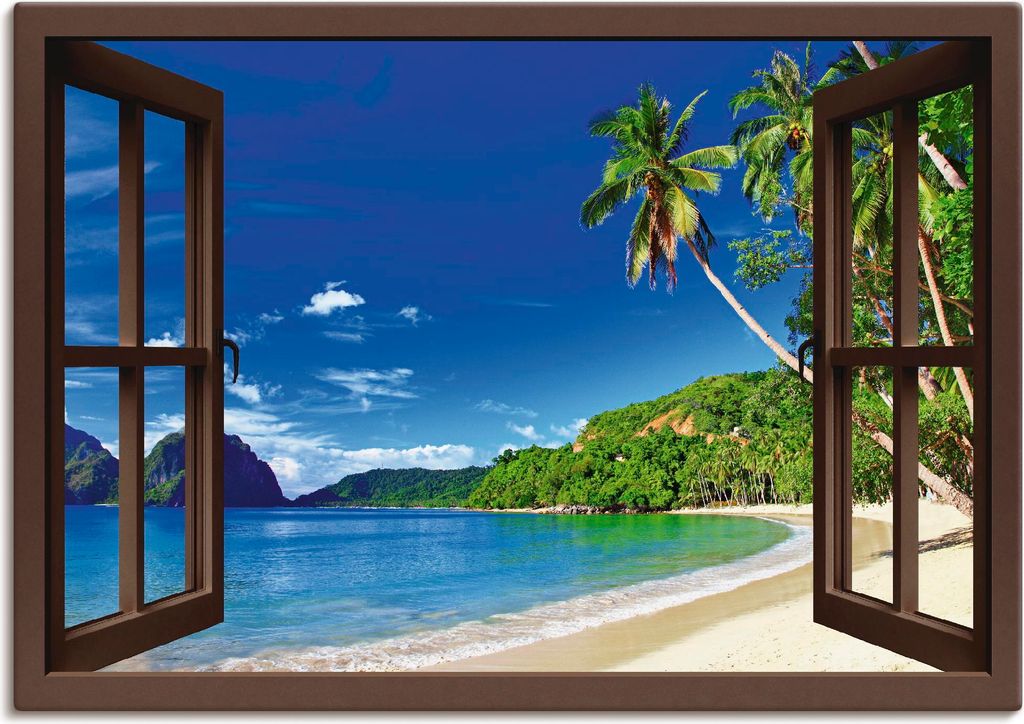 ARTland Leinwandbild Fensterblick Paradies - braun Größe: 70x50 cm
