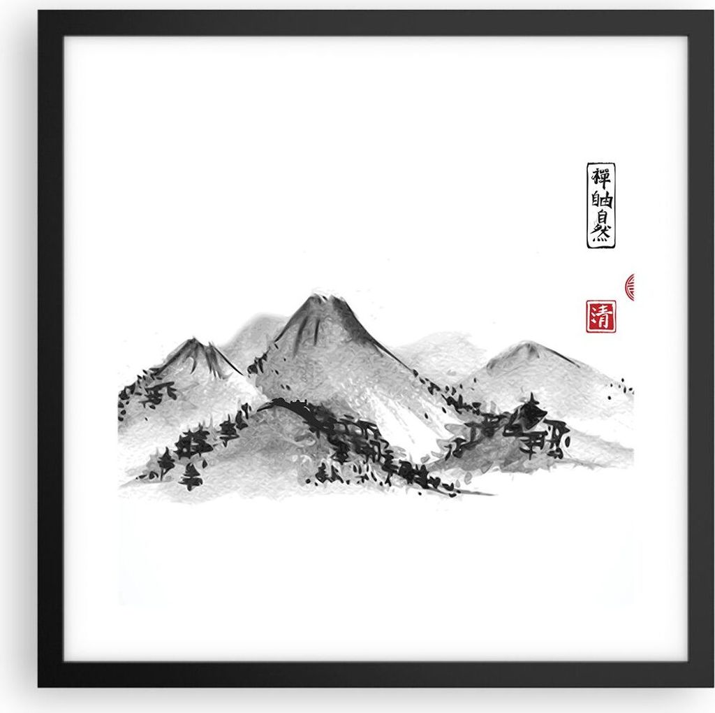 Gerahmtes Poster - Schwarzer Rahmen - Zeichnen Asien Berge - 40x40 cm - Wand Bild - Wanddeko - Wandbilder - Kunstposter - Wandposter - Bilderrahmen...