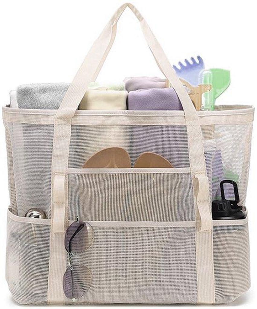 Beige Reise-Nettetasche mit großem Schultergurt - Vielseitige Aufbewahrungsbeutel - Ideal für Schuhe, Badekleidung und Spielzeug - Urlaubs-Grunda...