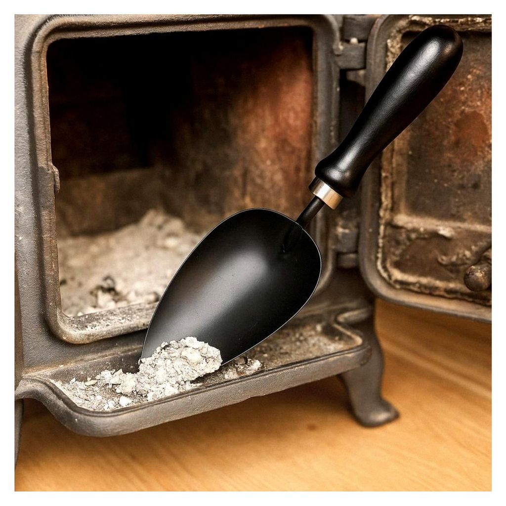 Kohlenlöffel | ovale Schaufel aus Stahl | schwarzer lackierter Griff | zum Aufnehmen von Kohle und Asche | für Kamin, Holzofen, Schwedenofen | ro...