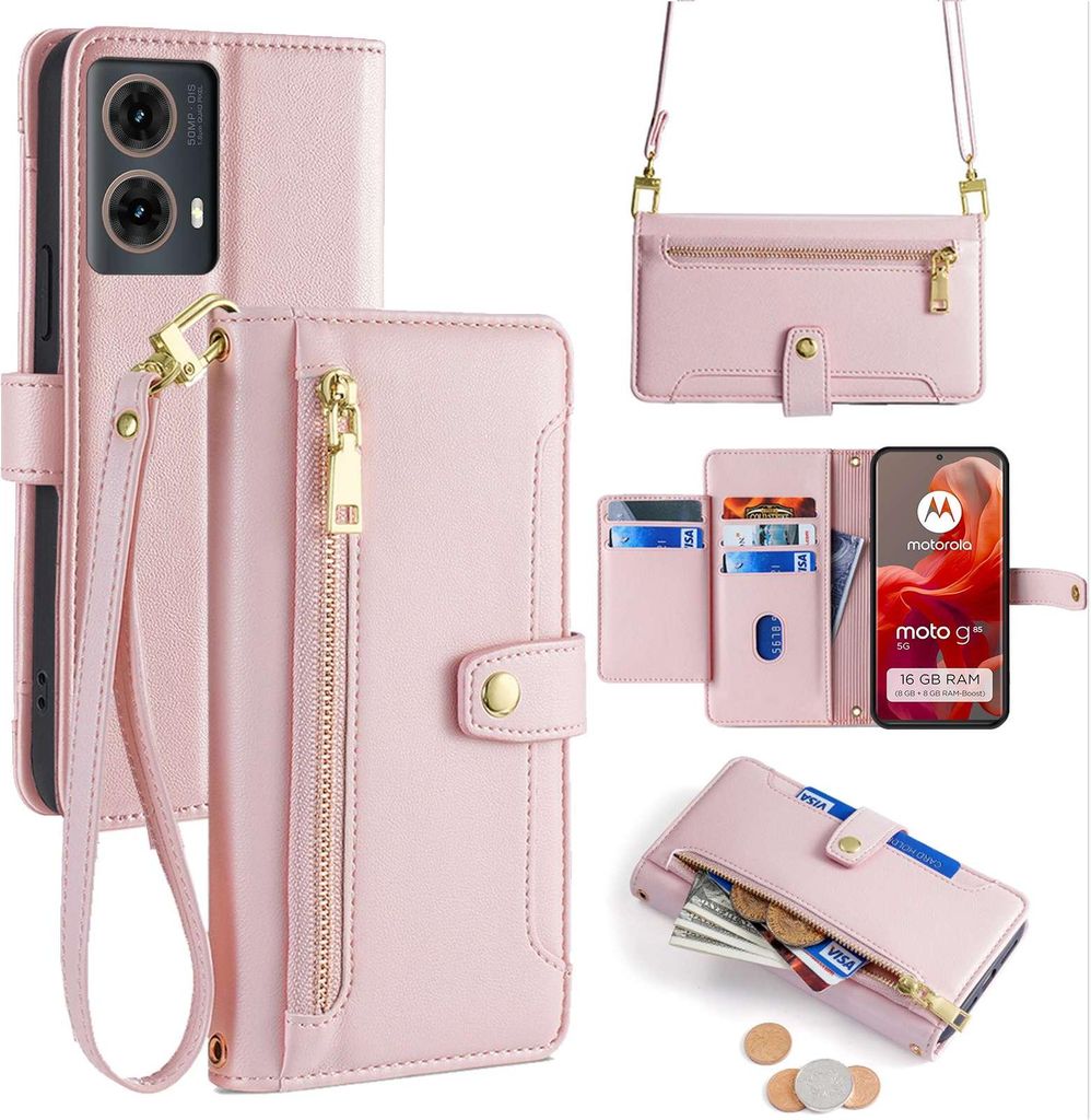 Handykette Hülle für Motorola Moto G85 mit Band Handyhülle Kartenfächer Kunstleder Umhängetasche in Rosa