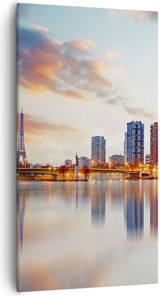 Bild auf Leinwand - Leinwandbild - Fluss Wolkenkratzer Ansicht Eiffle - 55x100cm - Wand Bild - Wanddeko - Leinwanddruck - Bilder - Kunstdruck - Lei...