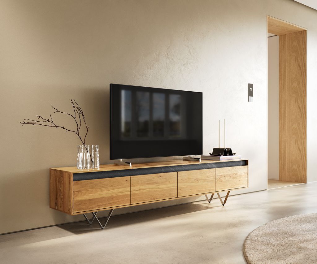 DELIFE Designer-Lowboard Stonegrace 200 cm Eiche Natur Schiefer 4 Schübe V-Fuß Edelstahl